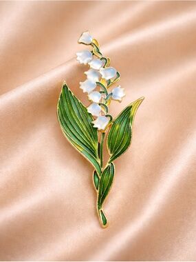 Lily of the Valley Gold Green Brooch with White Blue Flowers